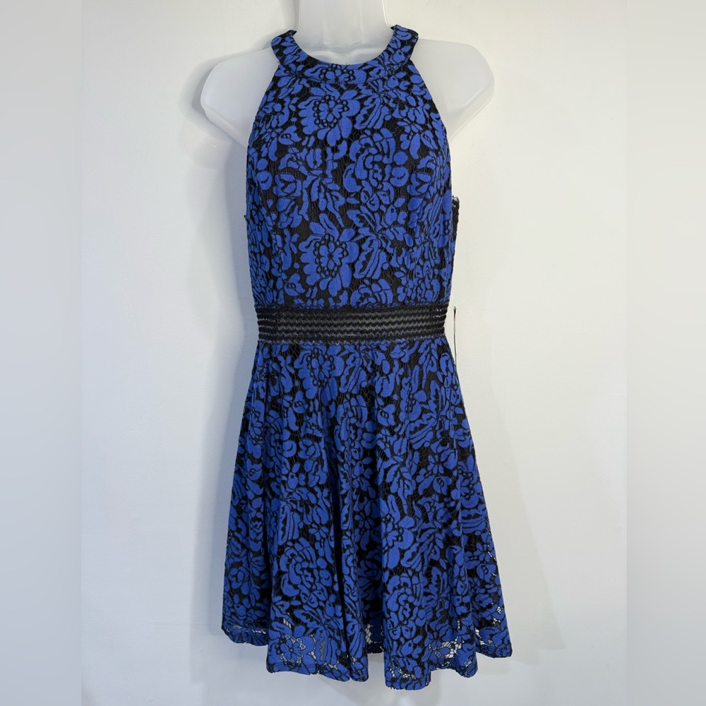 Elegant Blue and Black Lace Dress